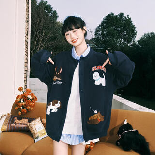 Lemanism jacket women's trendy brand cartoon towel embroidered baseball uniform men's 2025 spring and autumn new trendy brand couple style jacket top navy blue l