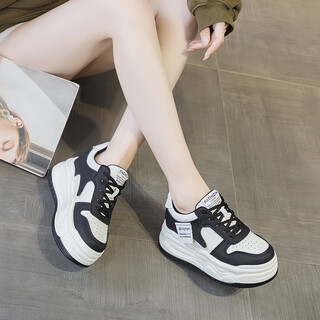 Hongxing soft cowhide black and white panda shoes with inner heightening small white shoes for women 8cm thick sole wedge heel versatile casual casual black four seasons 37