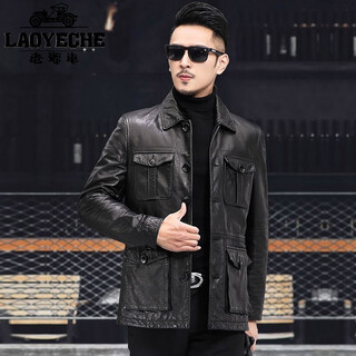 Classic car haining sheepskin leather jacket for men 2024 new motorcycle hunting jacket mid-length jacket lapel slim jacket trendy black xl /175
