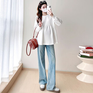 Geman maternity clothes autumn 2025 tops fashionable mid-length small loose loose cover belly not showing pregnancy suit spring autumn white sweatshirt + light blue jeans xl