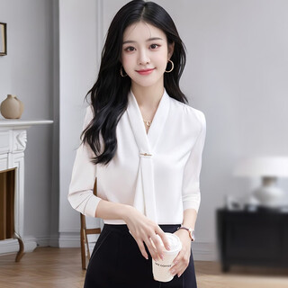 Troman commuter temperament shirt women's long-sleeved ribbon spring fashion casual design niche shirt white