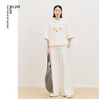 Aum (aum) easy suit aum 2025 spring new water-soluble embroidered short-sleeved sweatshirt top wide-leg pants white wide-leg sweatpants s