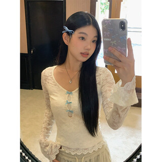 Ono's seven-day spring women's clothing reduces age, becomes mature and pure, white lace bow, sweet hottie bottoming shirt, short top, one size fits all, apricot color, does not include inner wear, you can match it with a white tube top by yourself