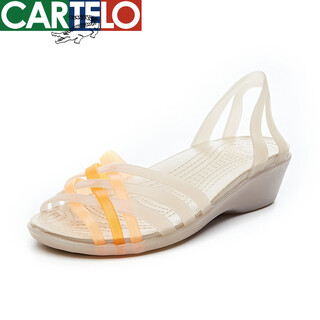 Cartelo 2025 new jelly beach shoes sandals wedge summer cave shoes fish mouth open toe non-slip sandals plastic sandals for women apricot (wedge) (one size smaller) 37