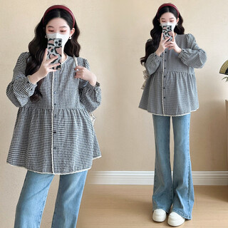 Insaho2025 maternity wear spring and summer fashionable maternity wear loose and stylish maternity top plaid shirt outer wear plaid top-yfz02 m (recommended 90-100jin jin equals 0.5 kg)