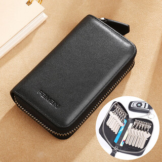 斐曼（faman）钥匙包男士情人节真皮复古拉链零钱包多功能汽车收纳锁钥包牛皮男 黑色