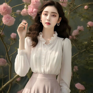 Modx temperament fungus collar white shirt 2025 european small shirt this year's popular beautiful tops for women white shirt s 80-100jin jin is equal to 0.5 kg