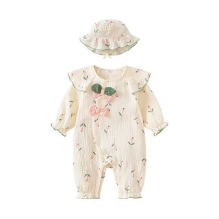 Baby clothes, spring clothes, newborn girl baby onesie, princess full moon hundred days pure cotton romper, spring and autumn thin section, one piece + hat 66cm