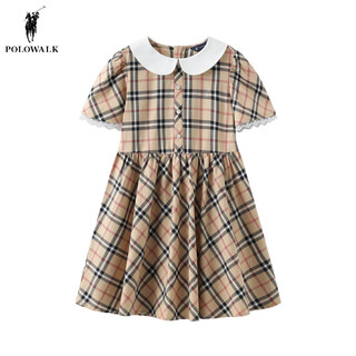 Polowalk children's clothing 2024 new summer short-sleeved dress girls skirt plaid printed lace cuffs khaki 120 cm