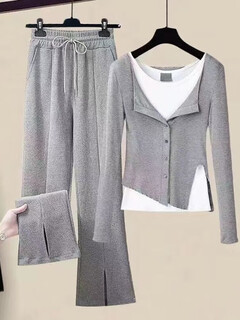 New women's suit spring and autumn gray fake two-piece tops bottoming shirt slit wide-leg casual pants three-piece set for women gray top + vest + gray pants three m