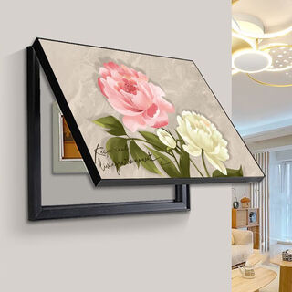 Distribution box decorative painting blocking cream style peony flower restaurant dining room meter box box power main switch hanging painting b style cream peony gold frame 70x50 accommodates 62*42 flip-up model aluminum alloy frame