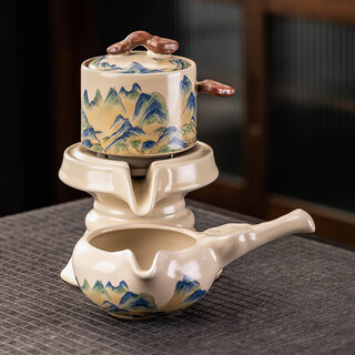 Porcelain brand tea set ru kiln automatic tea set household chinese style simple open piece ceramic stone grinding kung fu tea set high-end gift box beige ru kiln <dahao heshan> automatic tea set