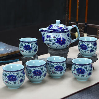 An junsheng blue and white porcelain insulated double-layer cup tea set anti-scalding ceramic kung fu tea set large complete set for home use one pot six cups blue peony