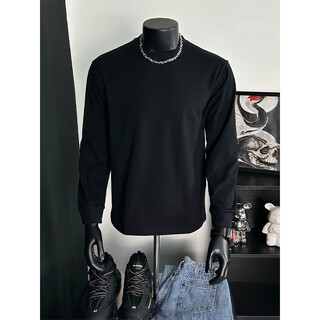 Qumiler american style right shoulder pure cotton heavyweight long-sleeved t-shirt men's autumn and winter loose sweat clothes cleanfit inner layering shirt black xl