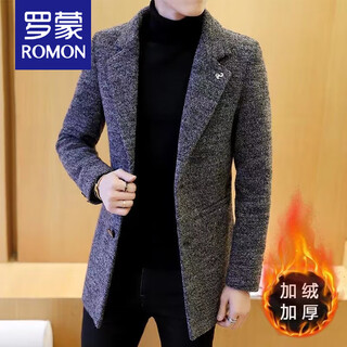 Romon woolen coat men's windbreaker mid-length autumn and winter korean style men's clothing korean style trendy woolen slim coat 998 gray cotton xl 125jin jin equals 0.5kg -140jin jin equals 0.5kg