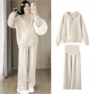Ran qiqi maternity wear autumn suit top long-sleeved loose hooded zipper sweatshirt pants two-piece set 2025 new autumn clothing apricot suit l