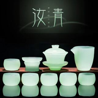 Shimingtang glazed kung fu tea set high-end ice jade porcelain teapot teacup sancai covered bowl home light luxury gift box pack pomelo jade clear green-10 piece set gift box pack