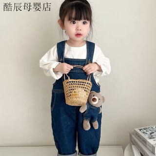 叶余儿童牛仔背带裤春秋款童装男女宝宝休闲裤小童 牛仔背带裤送小熊 90