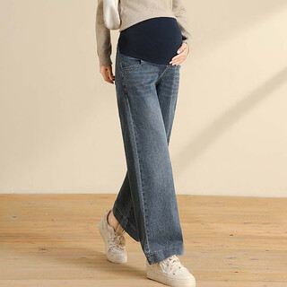 Ailanting 2025 new maternity wear pure cotton tummy support jeans stretch outer wear wide leg pants straight leg pants maternity pants trousers retro blue xl recommended 120-135 jin jin equals 0.5 kg