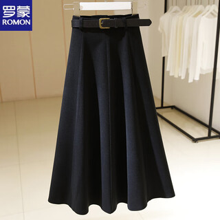 Romon black woolen skirt women's high waist 2025 autumn and winter new loose slim versatile mid-length a-line skirt black short style below 160 m
