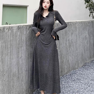 Miao yijia autumn dress women 2025 new hip-covering skirt vacation pure desire hot girl skirt long skirt slim clothes women's french style hip-covering gray dress l recommended 100-120 jin jin equals 0.5 kg