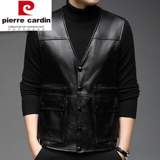 Pierre cardin first-layer cowhide vest for middle-aged and elderly men, sheepskin vest, fashionable spring and autumn casual suit, genuine leather vest, black cowhide xl (90-120jin jin equals 0.5kg)