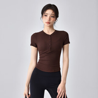 Lululmcctn sports short-sleeved women's new slimming pilates professional training fitness yoga clothing top chestnut brown l