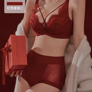 Songfanxi underwear, feminine lace soft steel ring, push-up support, large breasts, small anti-sagging, thin, large size bra, red set, bra + panties 85b