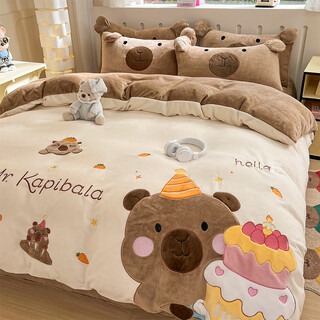 Thickened warm milk velvet four-piece children's cartoon bed sheet quilt cover coral velvet quilt cover kapibara winter kapibara class a anti-static non-shedding 1.8m bed sheet four-piece set quilt cover 200x230
