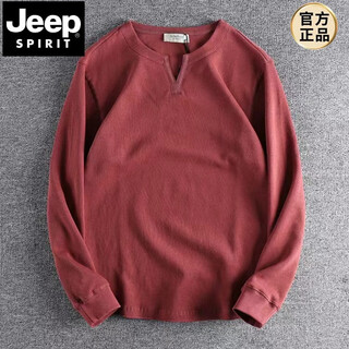 Jeep spirit new chinese style v-neck long-sleeved t-shirt men's heavyweight loose casual american henry collar threaded sweatshirt sweater outer wear red s