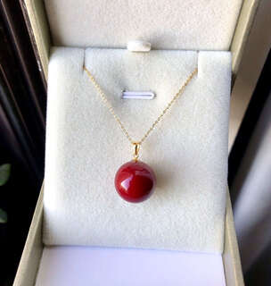 Pop 18k gold inlaid coral red pendant, simple and atmospheric single bead, original design, elegant wine red 18k wine red 14mm single pendant without chain