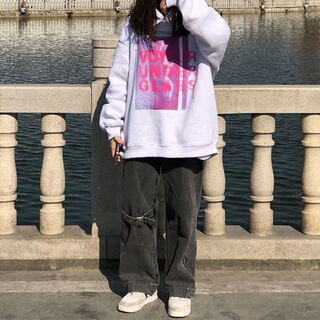 凡摩乔春夏韩版显瘦显高宽松牛仔裤女高腰学生百搭直筒阔腿长裤子潮 黑灰色【绑带】++腰带 M