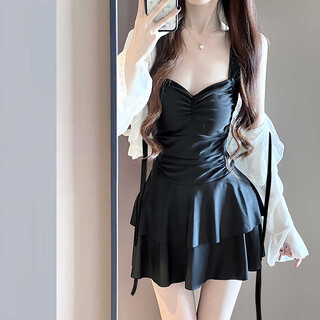 Lugeli swimsuit women's hot spring covering the flesh conservative one-piece skirt style slimming high-end long-sleeved sun protection two-piece swimsuit pure desire one-piece swimsuit black one size fits all recommended 80-120 jin jin equals 0.5 kg