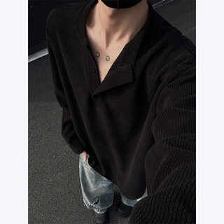 Nyingcleanfit henley collar long-sleeved t-shirt for men 25 spring and autumn new textured loose inner sweatshirt bottoming shirt black xl (120-140jin jin equals 0.5kg)
