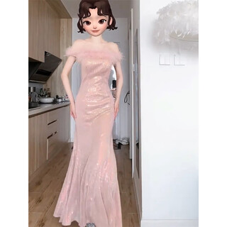 Wen mi senior year 2025 pink adult dress evening temperament engagement banquet light luxury toast dress bride fishtail skirt long pink s