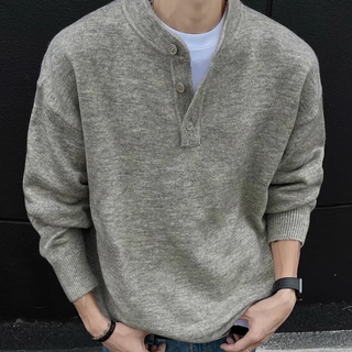 Yibo heavy sweater men's autumn and winter new korean style trendy brand lazy gray henley collar knitted sweater jacket men light gray xl recommended 120-135jin jin equals 0.5 kg