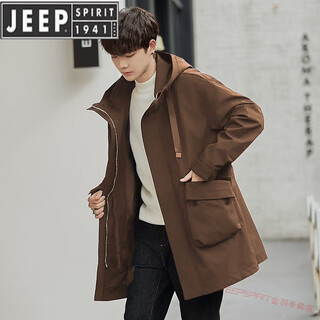 Jeep spirit windbreaker jacket men's medium-length hooded handsome work jacket 2025 spring and autumn korean style loose casual coat coffee color 3xl
