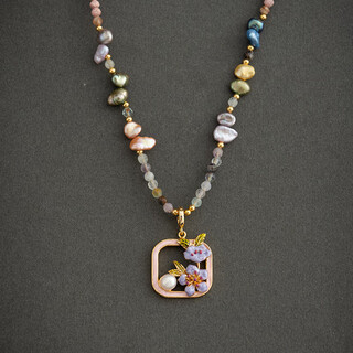 Pop oil painting style pendant natural freshwater baroque pearl necklace women's new chinese style dopamine color beaded clavicle chain oil painting style beaded pendant necklace about 46+7cm long