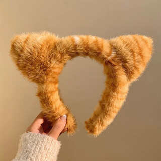 Mr. ouyang cartoon pattern cat ear headband gold mink fur tiger print face wash headband plush autumn and winter leopard spot hairpin for women orange cat