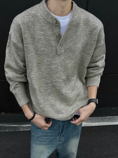 Yingtang american retro henry collar sweater men's autumn and winter new lazy style sweater top loose outer floral gray m recommended 90-100jin jin equals 0.5 kg