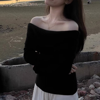 Nanmu xiong sweater women's spring and autumn thin one-shoulder knitted sweater top off-shoulder temperament sweet niche exposed collarbone bottoming shirt black one size 80-120jin jin is equal to 0.5 kg