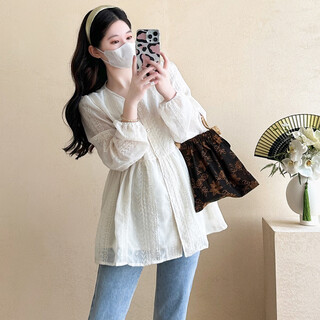 Minchao glen maternity wear spring lace embroidered long-sleeved top 2025 new maternity shirt spring simple casual shirt spring apricot top l