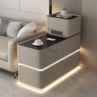 Ziyunshan sofa side table armrest cabinet with light and socket light luxury and high-end small apartment living room multi-functional side cabinet storage cabinet khaki color (male steak plug+light strip+wireless charging) black glass width 40*height (55+30)*length 90