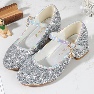 Ershanji 2025 new girls high heels children's crystal shoes leather shoes little host matching dress piano performance princess shoes princess sequin shoes silver size 34 inner length 21cm