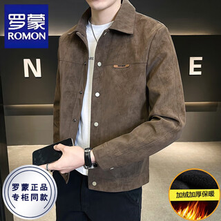 Romon jacket men's autumn and winter plus velvet handsome trendy lapel suede spring top men's jacket coffee color plus velvet 2xl 140-155jin jin is equal to 0.5 kg