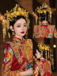 Yagejunxinjia golden rose crown, beautiful chinese style xiuhe tiara, bride getting married, new chinese style gold phoenix crown, style yellow