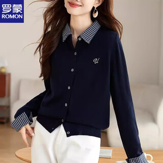 Romon's design niche super nice shirt collar fake two pieces korean style 2025 spring and autumn new fashion chic and beautiful sweater navy version (more people choose) xl recommended 113-125jin jin equals 0.5 kg