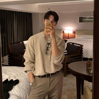 I am david, apricot henry collar sweater sweater with bottoming shirt for men, casual, lazy, loose, trendy, long-sleeved top, jacket, apricot m