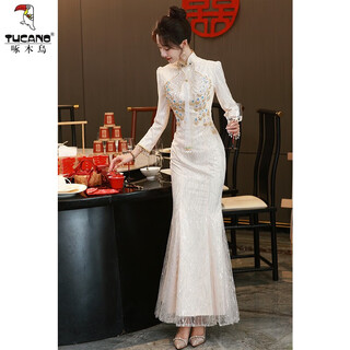 Woodpecker heavy industry embroidered cheongsam dress new 2025 champagne color long sleeve engagement dress new chinese style improved fishtail toast dress champagne color long sleeve mermaid style