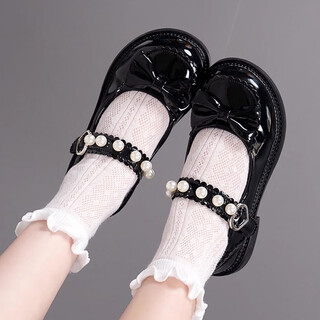 Ershanji children's small leather shoes 2025 spring single shoes girls princess shoes soft sole black summer baby performance girls students love buckle leather shoes black size 34 inner length 20.8cm